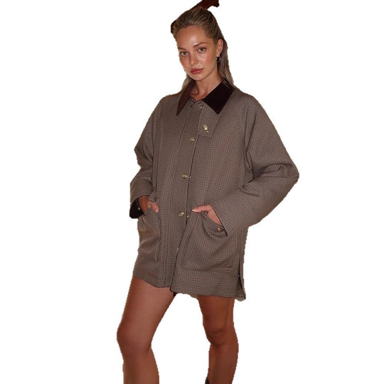 Damen Oversize-Boxy-Jacke im Glencheck mit Samtkragen und goldenen Zierknöpfen Nord Taschen
