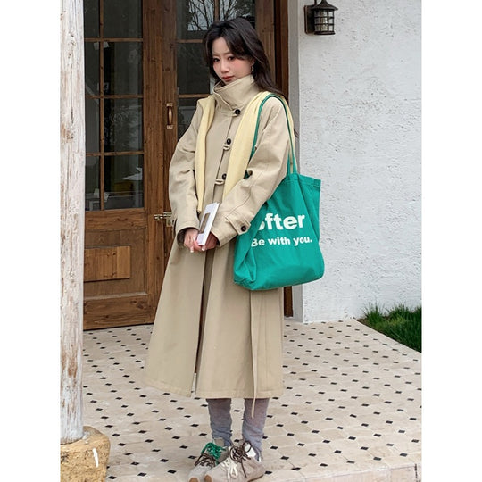 Damen Langer Trenchcoat mit hohem Stehkragen und Raglanärmeln Nord Taschen
