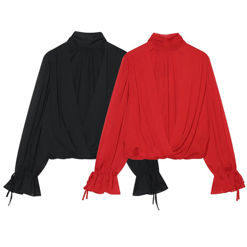 Damen Wickel-Cropped-Bluse mit Stehkragen und Volumenärmeln Nord Taschen