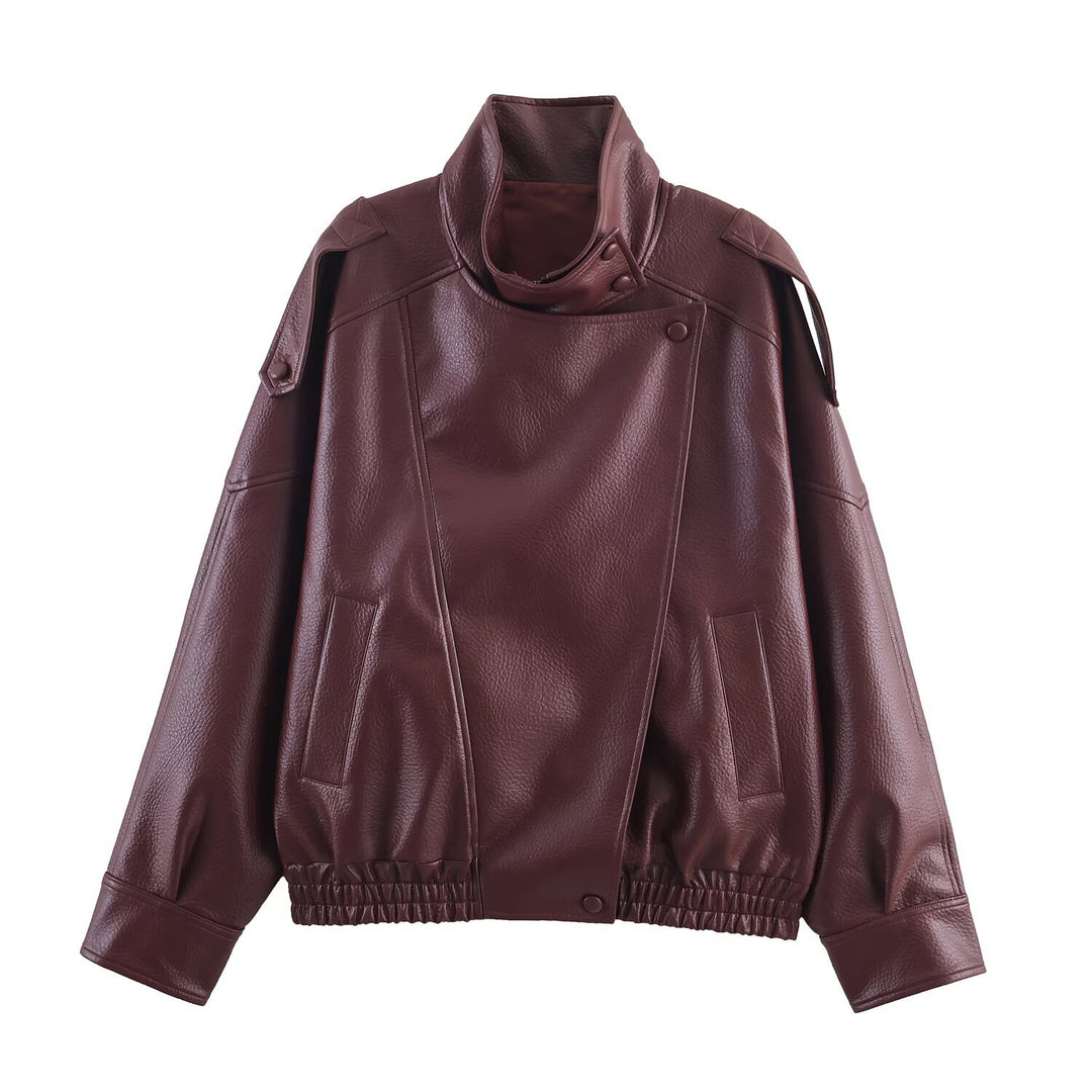 Damen 3400+ Cropped Kunstleder‑Blouson mit asymmetrischer Druckknopfleiste, hohem Stehkragen und elastischem Saum Nord Taschen