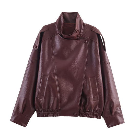 Damen 3400+ Cropped Kunstleder‑Blouson mit asymmetrischer Druckknopfleiste, hohem Stehkragen und elastischem Saum Nord Taschen