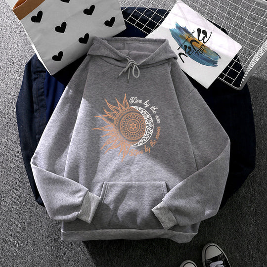 Damen nan Kapuzenpullover mit Sonn-und-Mond-Mandala, Kängurutasche und angerautem Fleece Nord Taschen