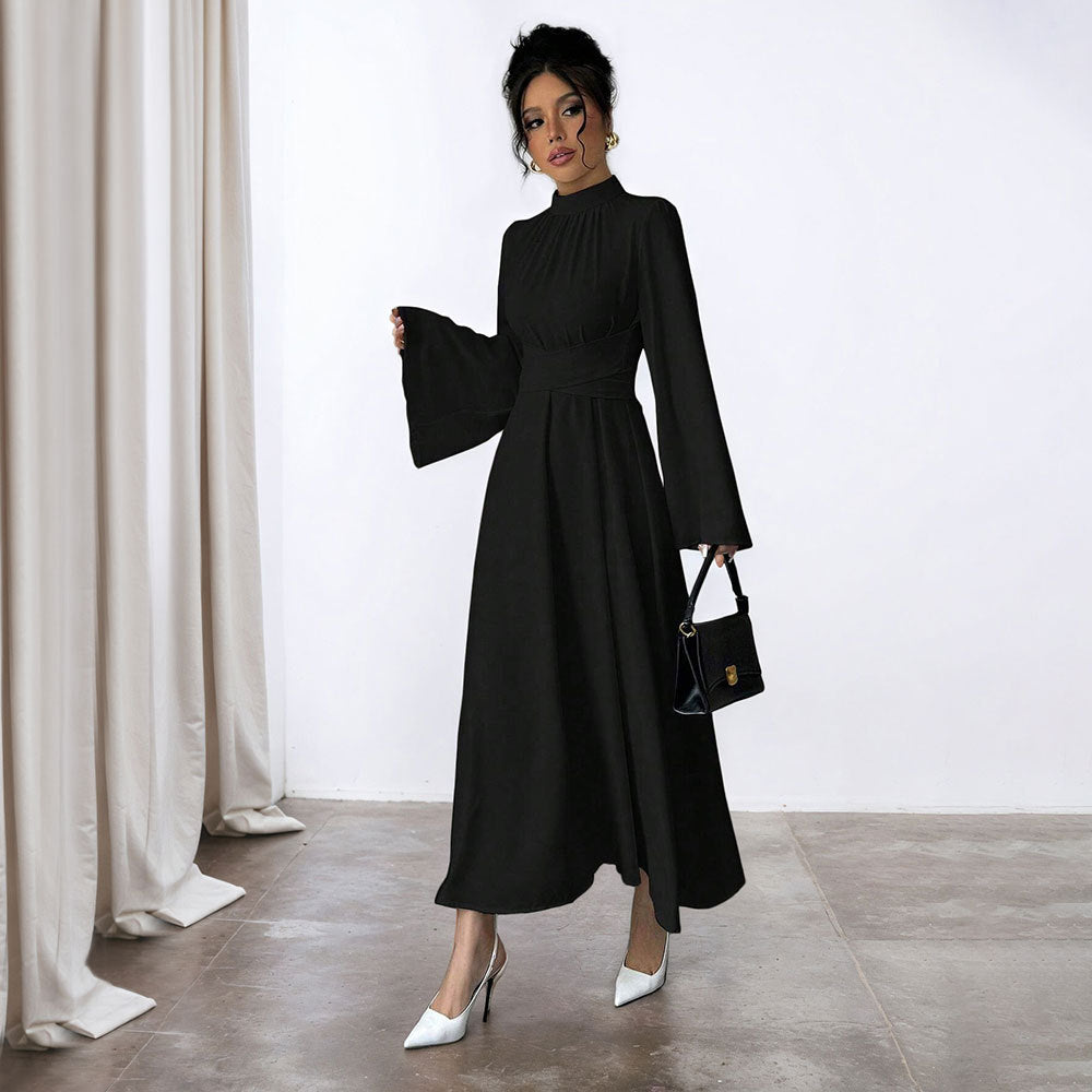 Damen elegantes Maxikleid mit Stehkragen, geraffter Taillenpartie und ausgestelltem A‑Linien‑Rock Nord Taschen