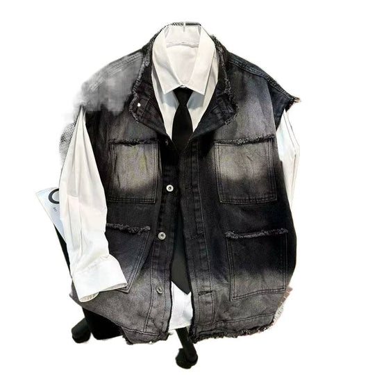 Herren Ärmellose Denim‑Weste im Vintage‑Used‑Look mit ausgefranster Saumkante und Ombre‑Fading Nord Taschen