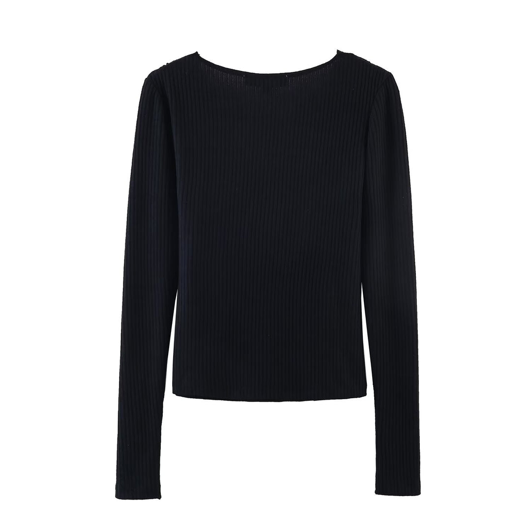 Damen Geripptes Cropped-Langarmtop mit Spitzen-V-Ausschnitt und Bindeband Nord Taschen