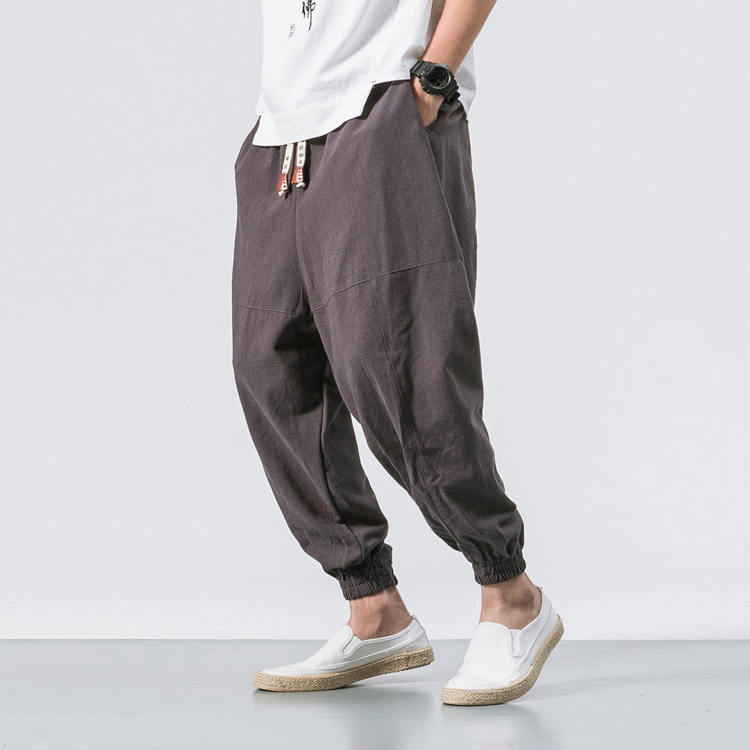 Herren relaxed Fit Leinen-Jogger mit Tunnelzug, eingesetzten Knieteilen und elastischen Bündchen Nord Taschen