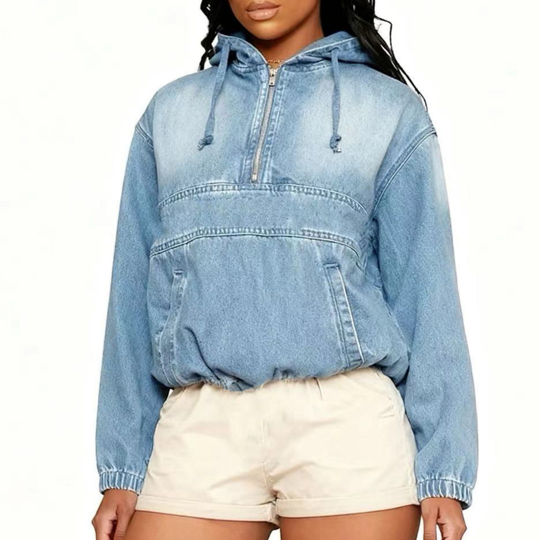 Damen Jeans-Hoodie mit halbem Reißverschluss, Kapuze und elastischem Saum Nord Taschen