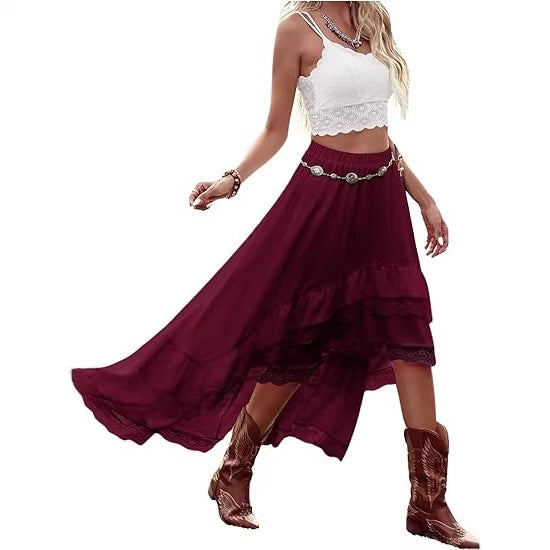 Damen Boho Maxi-Rock mit asymmetrischem Saum und Spitzenverzierungen