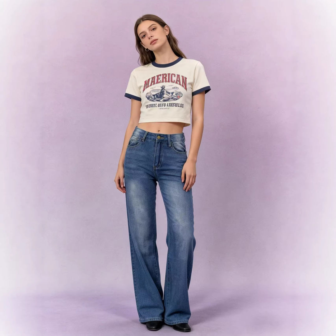 Damen hochgeschnittene Jeans mit schmaler Hüftpassform und weitem Schlag im Retro-Stil Nord Taschen