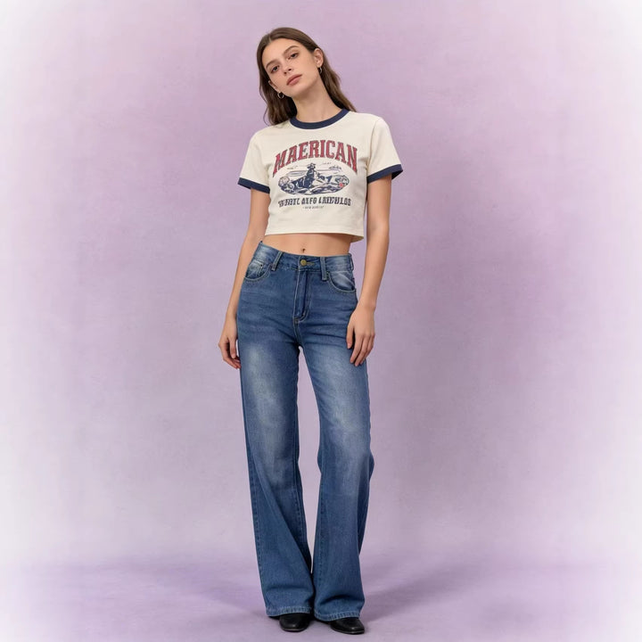 Damen hochgeschnittene Jeans mit schmaler Hüftpassform und weitem Schlag im Retro-Stil Nord Taschen
