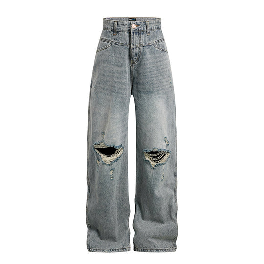 Damen Weite hochgeschnittene Palazzo-Jeans mit Destroyed-Kniepartie Nord Taschen