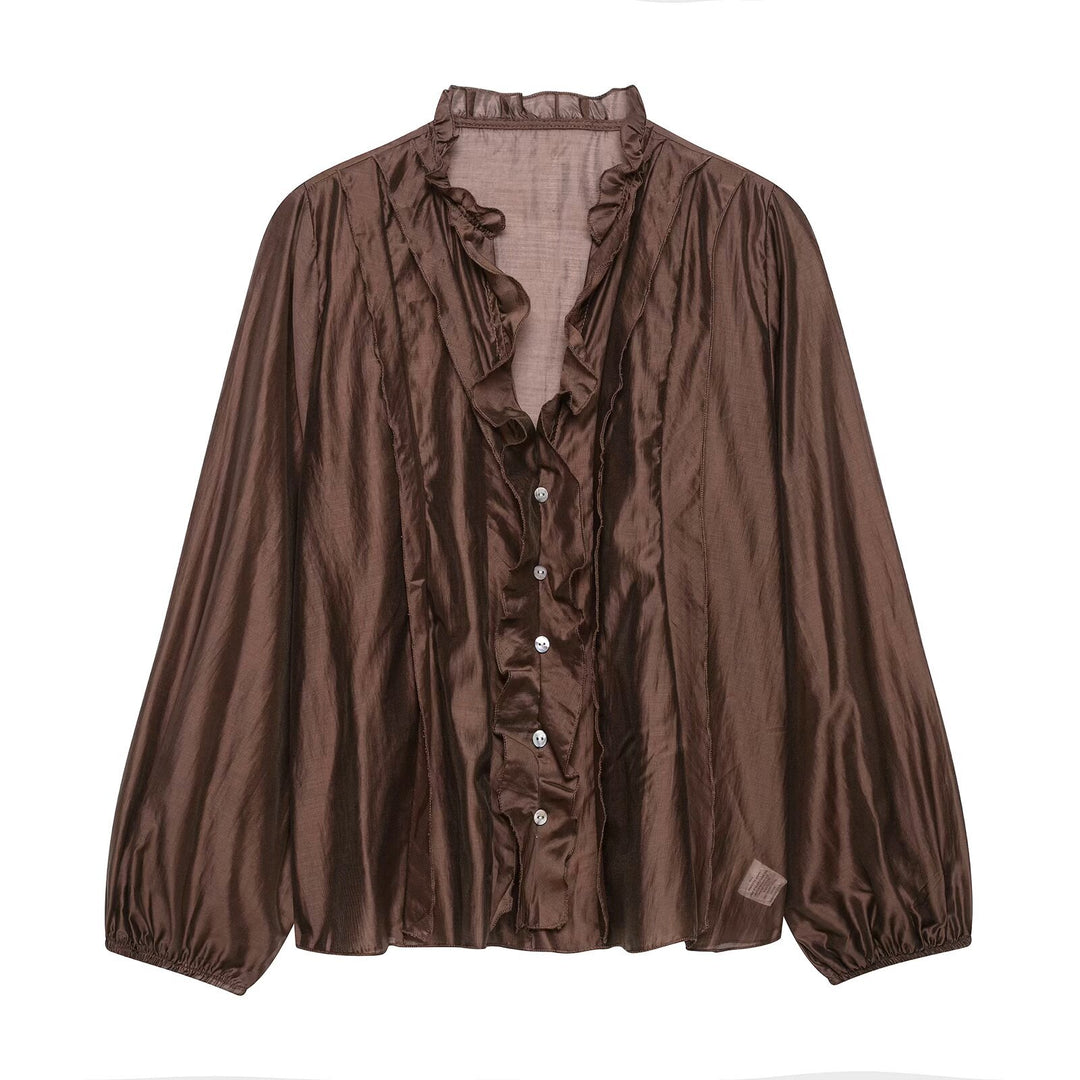 Damen Glänzende Rüschenbluse aus Taft mit Stehkragen und Ballonärmeln Nord Taschen