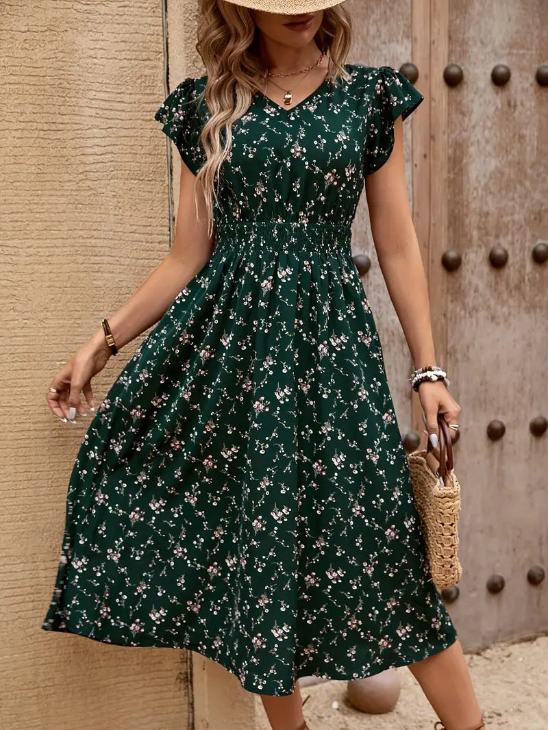 Damen Midikleid mit elastischem Tailleneinsatz und Rüschenärmeln
