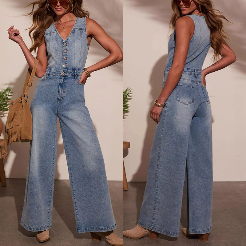 Damen Weitgeschnittene Denim-Latzhose mit Knopfdetails und regulierbarem Bund
