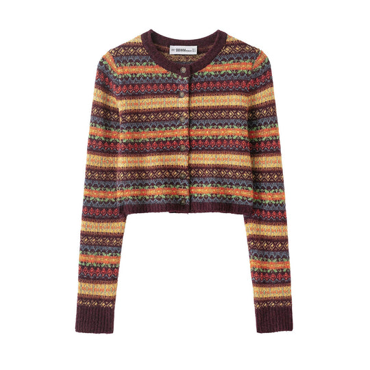 Damen Kurzgeschnittene Fair-Isle Strickjacke mit Rundhalsausschnitt und Knopfleiste Nord Taschen