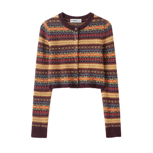 Damen Kurzgeschnittene Fair-Isle Strickjacke mit Rundhalsausschnitt und Knopfleiste Nord Taschen