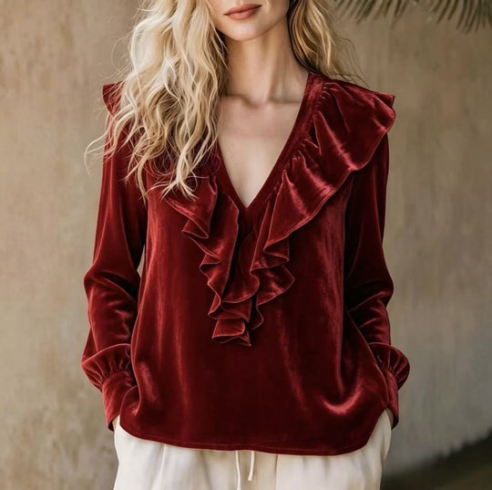 Damen Rüschige V-Ausschnitt-Bluse aus Chiffon mit Volantkragen und elastischen Manschetten Nord Taschen