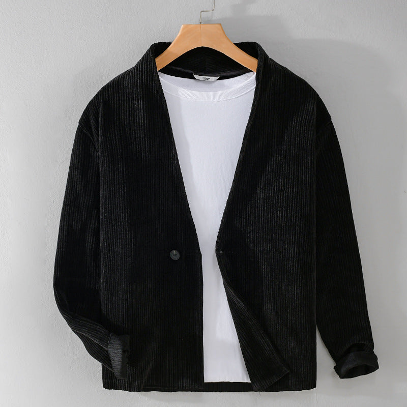 Herren Cord-Overshirt-Sakko mit V-Ausschnitt und Ein-Knopfverschluss Nord Taschen