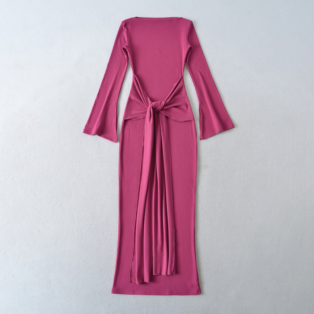Damen Maxikleid aus Rippstrick mit Trompetenärmeln und Taillen-Knotendetail Nord Taschen