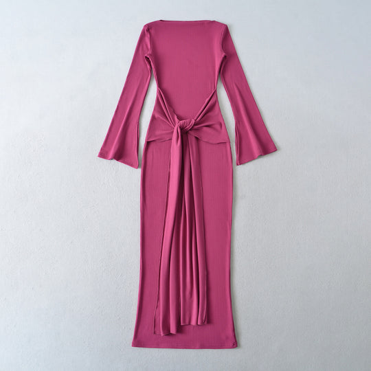 Damen Maxikleid aus Rippstrick mit Trompetenärmeln und Taillen-Knotendetail Nord Taschen