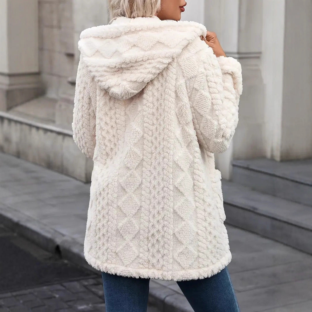 Damen Kuschelige Teddyjacke mit Kapuze, Knopfleiste und aufgesetzten Taschen Nord Taschen