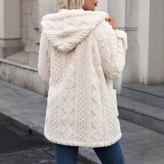 Damen Kuschelige Teddyjacke mit Kapuze, Knopfleiste und aufgesetzten Taschen Nord Taschen
