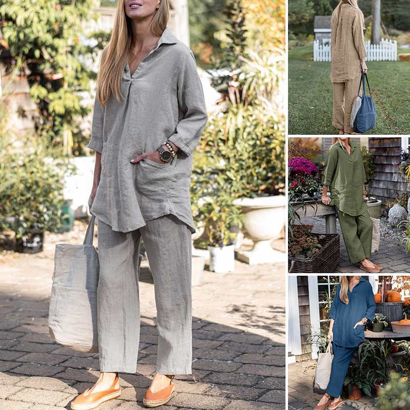 Damen Leinen-Loungewear-Set mit weitem Tunika-Hemd und lockerer Palazzo-Hose Nord Taschen