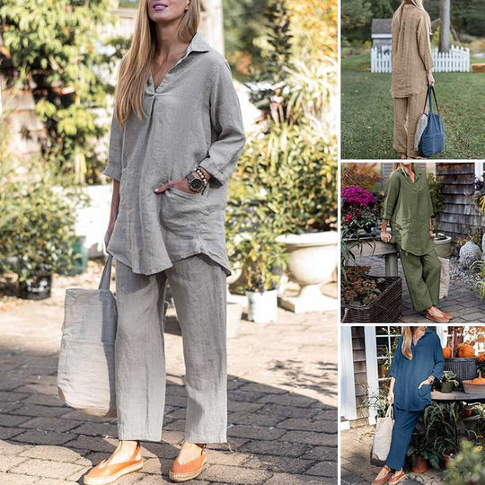 Damen Leinen-Loungewear-Set mit weitem Tunika-Hemd und lockerer Palazzo-Hose Nord Taschen
