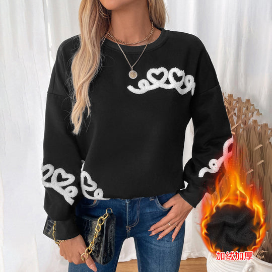 Damen Lässiges Oversize‑Sweatshirt mit Chenille‑Herzapplikation, Rundhalsausschnitt und gerippten Bündchen Nord Taschen