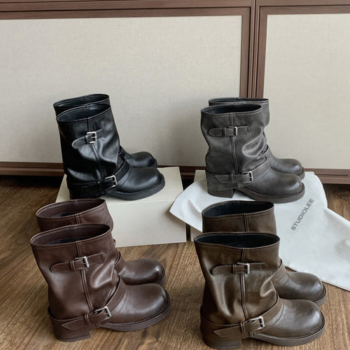 Damen Wadenhohe Bikerstiefel aus Glattleder mit Doppelschnallen und gerafftem Schaft Nord Taschen