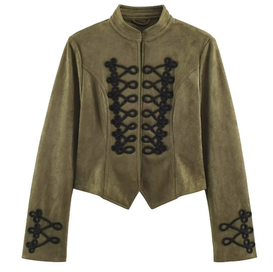 Damen Kurz geschnittene Wildlederjacke im Military‑Look mit Stehkragen und dekorativer Kordelfrosch‑Applikation Nord Taschen