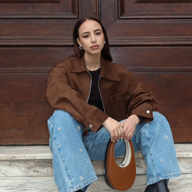 Damen Kurze Veloursleder‑Optik Jacke mit Reißverschluss und Oversize‑Ärmeln Nord Taschen