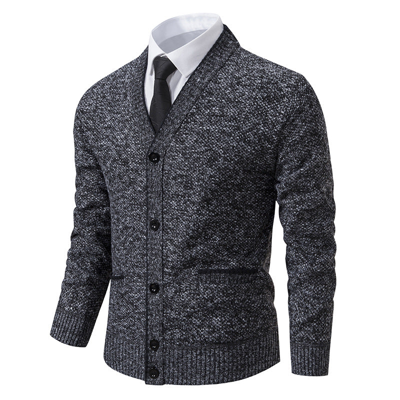 Herren melierter Strukturstrick-Cardigan mit V-Ausschnitt, Kontrastkanten und aufgesetzten Taschen Nord Taschen