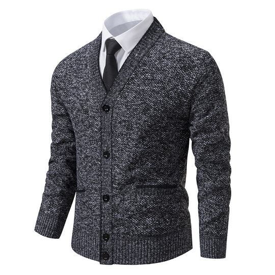 Herren melierter Strukturstrick-Cardigan mit V-Ausschnitt, Kontrastkanten und aufgesetzten Taschen Nord Taschen