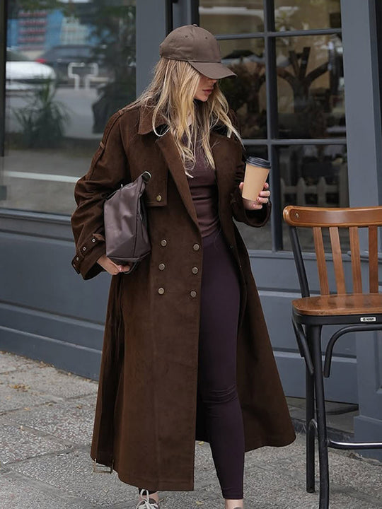 Damen Maxilanger Trenchcoat aus Veloursoptik mit doppelreihiger Knopfleiste und oversized Schnitt Nord Taschen