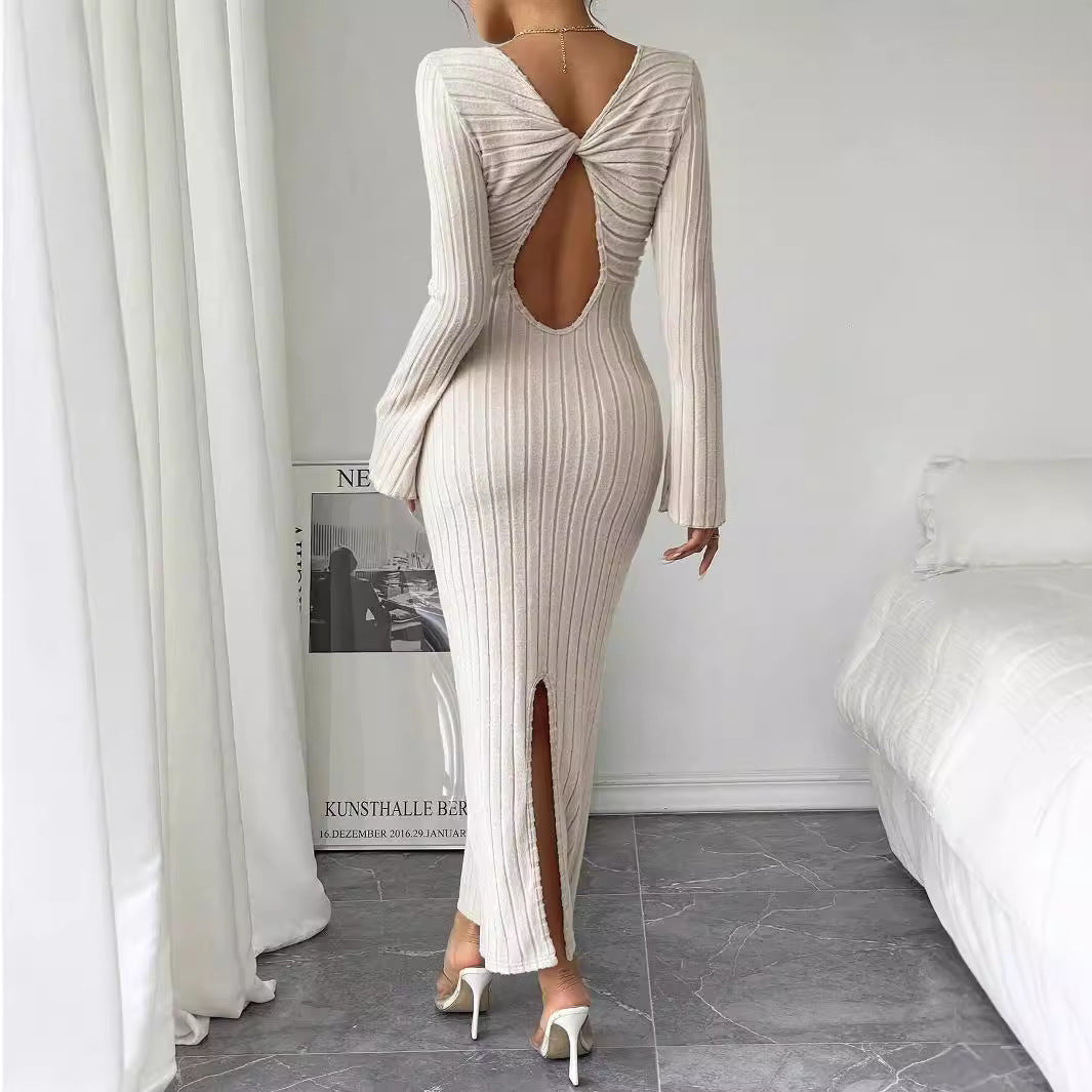 Damen geripptes Midaxi-Kleid mit U-Ausschnitt, figurbetonter Stretch-Silhouette und ausgestellten Ärmeln Nord Taschen