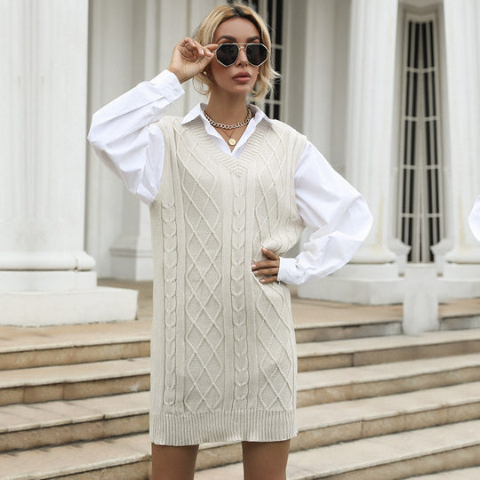 Damen Kabelstrick-Longweste mit V-Ausschnitt und Oversize-Silhouette Nord Taschen