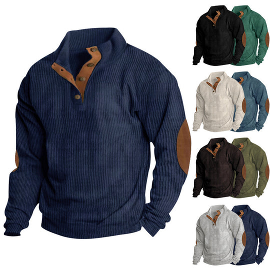 Herren Waffelstrick-Henley-Pullover mit Stehkragen und Ellbogen-Patches Nord Taschen