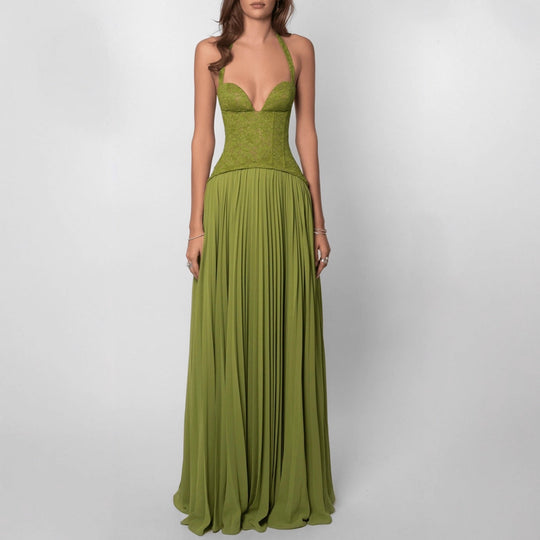 Damen nan Neckholder-Korsettkleid mit Spitzen-Corsage und fließendem Plisseerock