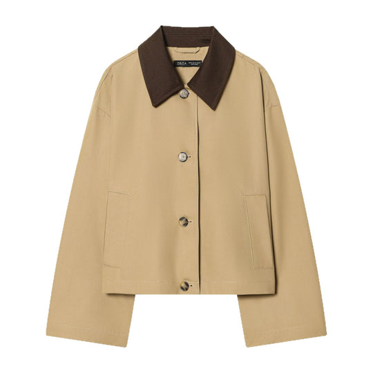 Damen Cropped Kurzjacke mit kontrastfarbenem Cordkragen und geradem Boxy‑Schnitt Nord Taschen