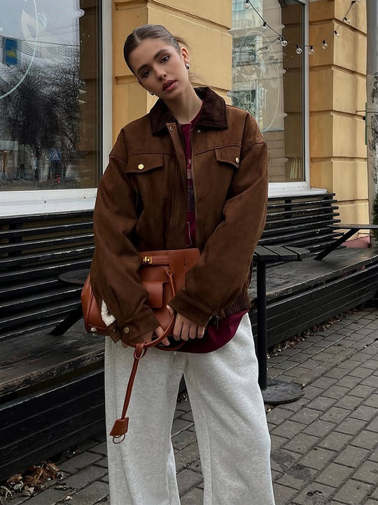 Damen Boxy-Suede-Blousonjacke mit Cordkragen und Teddyfutter Nord Taschen