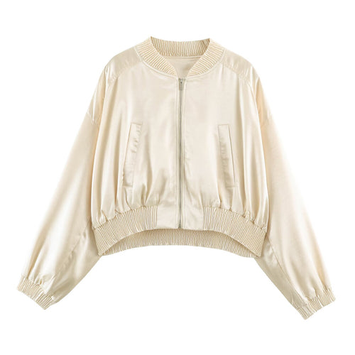 Damen Seidiger Cropped Bomber mit gerafftem Saum, Raglanärmeln und Eingrifftaschen Nord Taschen