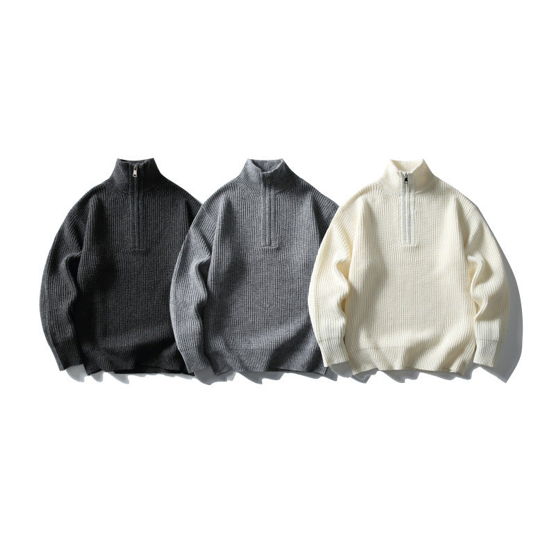 Unisex Strukturierter Halbzip-Strickpullover mit hohem Stehkragen und geripptem Rippstrick Nord Taschen
