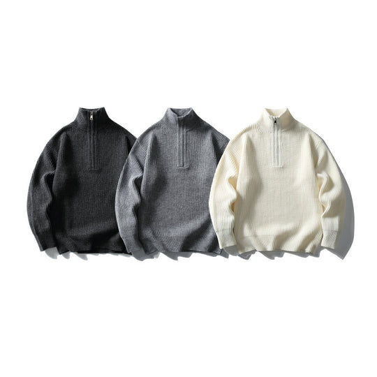 Unisex Strukturierter Halbzip-Strickpullover mit hohem Stehkragen und geripptem Rippstrick Nord Taschen