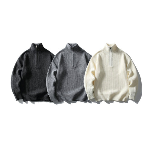 Unisex Strukturierter Halbzip-Strickpullover mit hohem Stehkragen und geripptem Rippstrick Nord Taschen