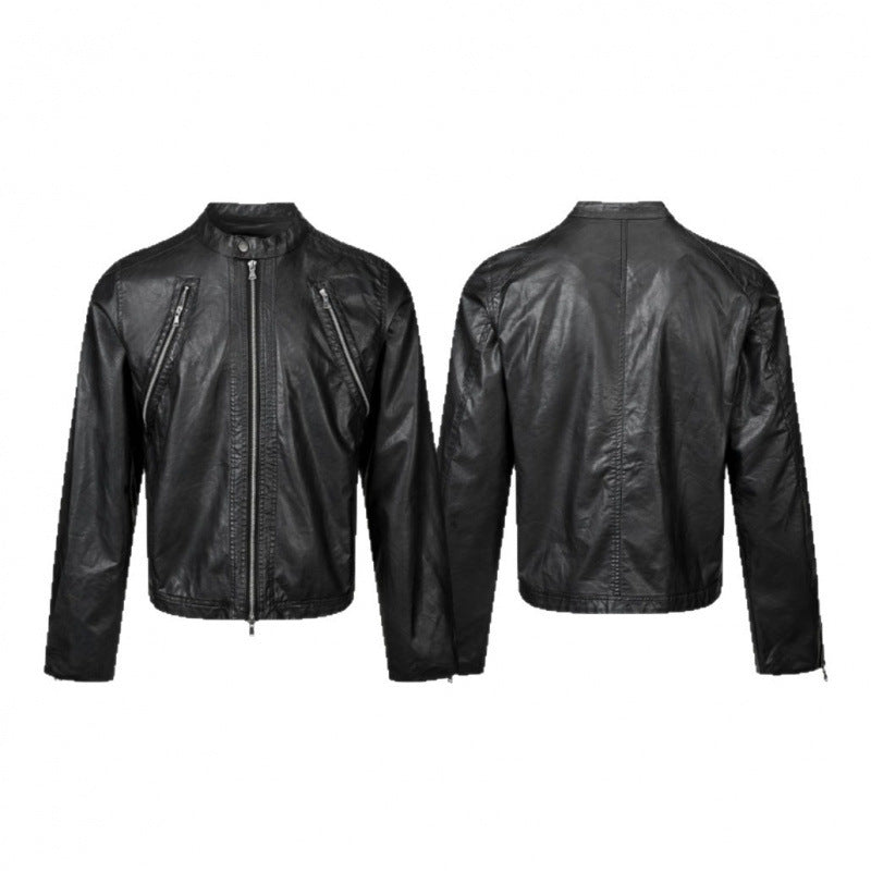 Herren Lederjacke im Bikerstil mit Stehkragen und diagonalen Reißverschlusstaschen Nord Taschen