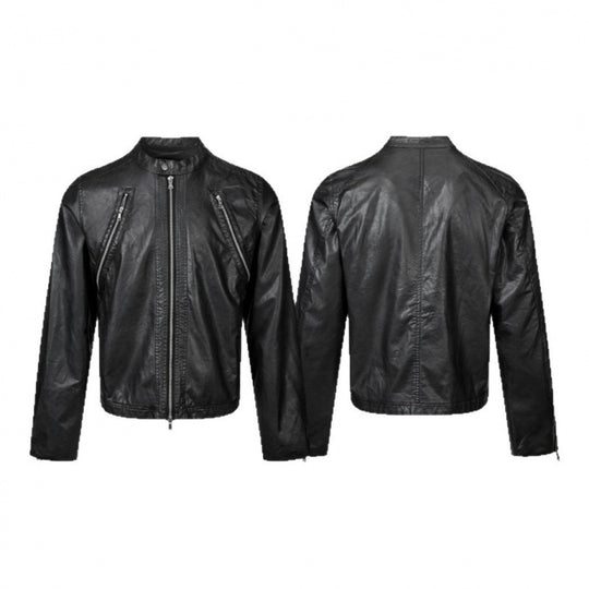 Herren Lederjacke im Bikerstil mit Stehkragen und diagonalen Reißverschlusstaschen Nord Taschen