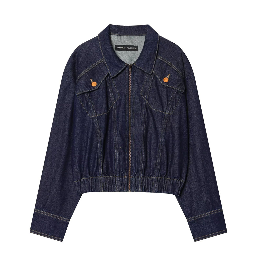 Damen Kurze Jeansjacke mit Reißverschluss, taillierter Kordelraffung und Western‑Details Nord Taschen