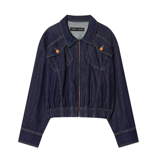 Damen Kurze Jeansjacke mit Reißverschluss, taillierter Kordelraffung und Western‑Details Nord Taschen