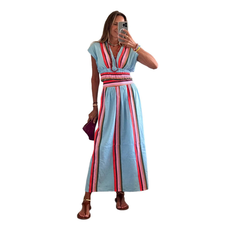 Damen Strandmaxi-Kleid mit elastischem Taillenbund und buntem Streifenmuster